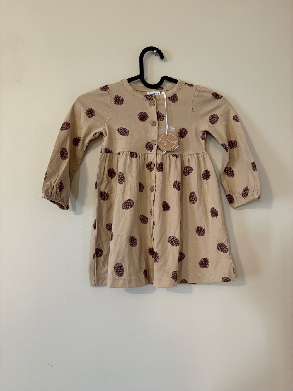 City mouse Beige Pinecone Print Long-Sleeve Kids Dress 2T NWT